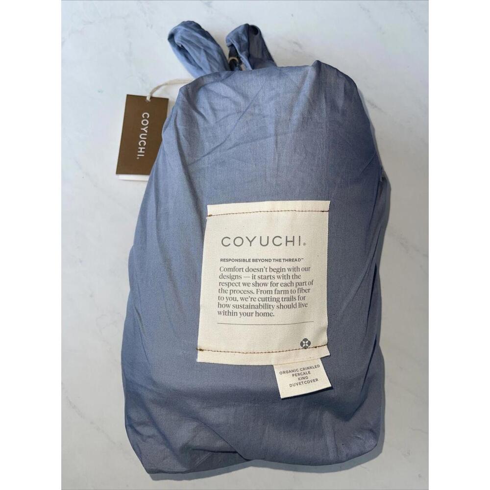 COYUCHI Organic Crinkled Cotton Percale KING Duvet Cover Gray - Picture 2 of 5